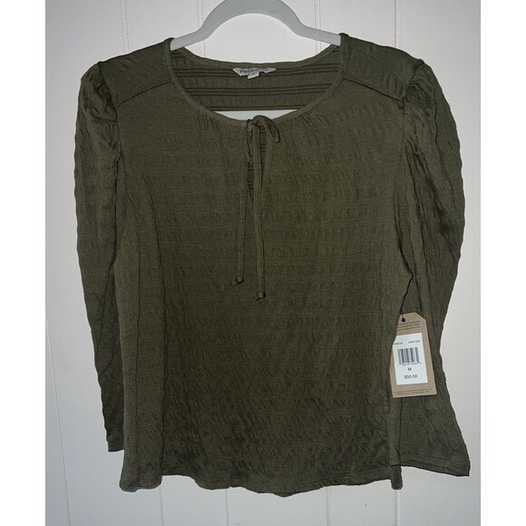 Frye and Co Women's Scoop Neck M Elbow Sleeve Blouse Burnt Olive Green Tie Front - Picture 1 of 7